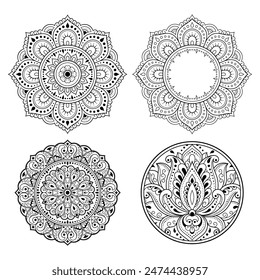 Conjunto de símbolos religiosos étnicos orientales. Mandala y flor de loto. Patrón decorativo para henna, mendi, tatuajes, decoración de la habitación. Ilustración vectorial de garabatos.