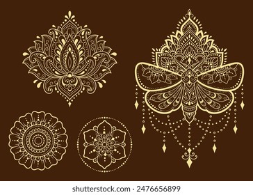 Set of Eastern ethnic religious symbols. Mandala with Lotus flower and butterfly. Decorative pattern for henna, mehndi, tattoos, room decoration. Outline doodle vector illustration.