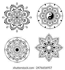 Set of Eastern ethnic religious symbols. Mandala with Yin Yang, Lotus flower. Decorative pattern for henna, mehndi, tattoos, room decoration. Outline doodle vector illustration.