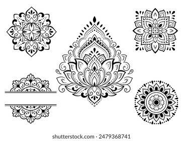 Set of Eastern ethnic religious symbols. Mandala and Lotus flower. Decorative pattern for henna, mehndi, tattoos, room decoration. Outline doodle vector illustration.