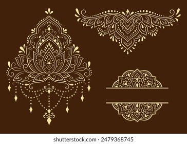 Set of Eastern ethnic religious symbols. Mandala and Lotus flower. Decorative pattern for henna, mehndi, tattoos, room decoration. Outline doodle vector illustration.