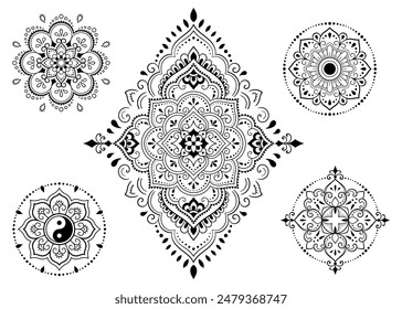 Satz von östlichen ethnischen religiösen Symbolen. Mandala mit Yin Yang, Lotusblume. Dekoratives Muster für Henna, Mehndi, Tattoos, Zimmerdekoration. Outline Doodle Vektorillustration.