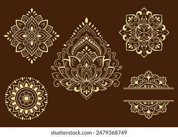 Conjunto de símbolos religiosos étnicos orientales. Mandala y flor de loto. Patrón decorativo para henna, mendi, tatuajes, decoración de la habitación. Ilustración vectorial de garabatos.