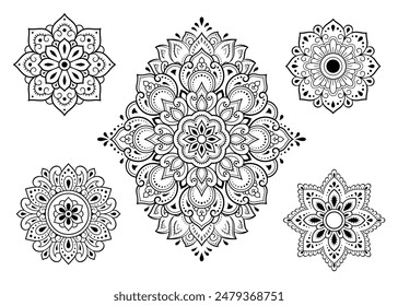 Set of Eastern ethnic religious symbols - Mandala. Decorative pattern for henna, mehndi, tattoos, room decoration. Outline doodle vector illustration.