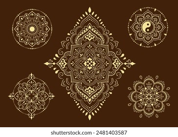 Set of Eastern ethnic religious symbols. Mandala with Yin Yang. Decorative pattern for henna, mehndi, tattoos, room decoration. Outline doodle vector illustration.