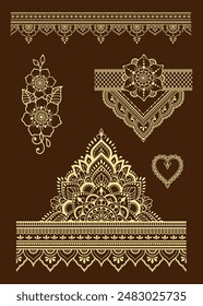 Set of Eastern ethnic religious symbols. Mandala and Lotus flower. Decorative pattern for henna, mehndi, tattoos, room decoration. Outline doodle vector illustration.