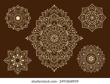 Set of Eastern ethnic religious symbols. Mandala and Lotus flower. Decorative pattern for henna, mehndi, tattoos, room decoration. Outline doodle vector illustration.