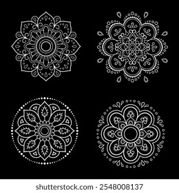 Conjunto de símbolos religiosos étnicos orientales - Mandala. Patrón decorativo para henna, mehndi, tatuajes, decoración de la habitación. Ilustración vectorial de doodle.