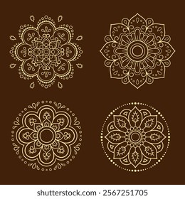 Set of Eastern ethnic religious symbols - Mandala. Decorative pattern for henna, mehndi, tattoos, room decoration. Outline doodle vector illustration.