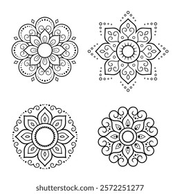 Set of Eastern ethnic religious symbols - Mandala. Decorative pattern for henna, mehndi, tattoos, room decoration. Outline doodle vector illustration.