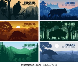 set of Eastern Europe countries: Ukraine, Bulgaria, Moldova, Poland, Romania, Belarus with animals