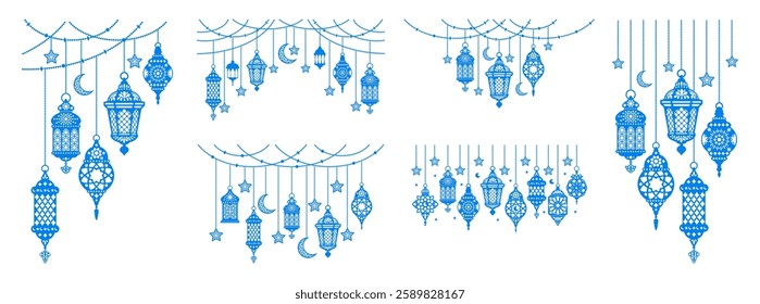 Set of eastern holiday decorations, garland with hanging arabic lanterns, crescents, stars. Arabian traditional lamps with patterns. Ramadan lantern, flat design silhouette. Vector illustration