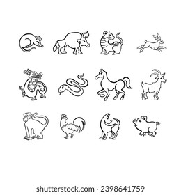 Conjunto de símbolos de horoscopio oriental, símbolo de línea del año, ilustración de vector de contorno
