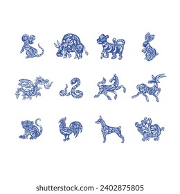 Set of eastern horoscope symbols silhouettes vector illustration