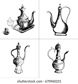 Set, Eastern traditional jugs, detailed silhouette of white on a background, Vector illustration. Best for your design, textiles, posters, T-shirts