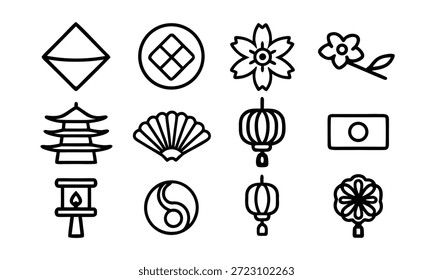 A set of Eastern-inspired symbols and icons, including a pagoda, lantern, yin yang, and cherry blossoms, arranged on a white background in a simple black line art style.