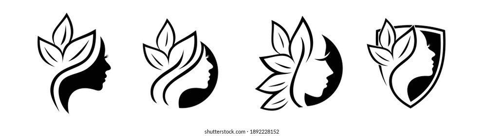Eine Reihe einfacher Bearbeitungs- und Farbabbildungen für Beauty- und Leaf-Logo-Sign-Option in Schwarz und Weiß
