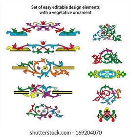 Set of easy editable design elements with vegetative ornament