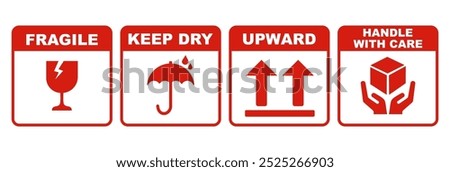 Set of easy fragile package icons on transparent background. shipping label. package, cargo warning, logistics. fragile, keep dry, upward, handle with care. 