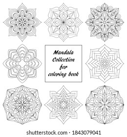 Set with easy mandalas like flower or star, basic and simple mandalas coloring book for adults, seniors, and beginner. Digital drawing. Floral. Flower. Oriental. Book Page. Vector.