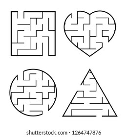 A set of easy mazes. Circle, square, triangle, heart. Game for kids. Puzzle for children. One entrances, one exit. Labyrinth conundrum. Flat vector illustration isolated on white background