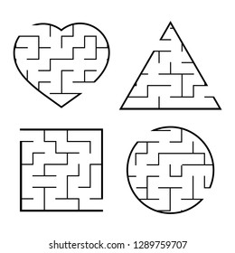A set of easy mazes. Circle, square, triangle, heart. Game for kids. Puzzle for children. One entrances, one exit. Labyrinth conundrum. Flat vector illustration isolated on white background