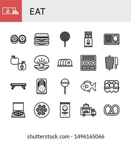 Set of eat icons such as Loaf, Chocolate, Cheeseburger, Lollipop, Wafer, Meal, Apple, Oyster, Tenderloin, Cookies, Shawarma, Breakfast tray, Sausage, Fish, Egg, Pizza box , eat