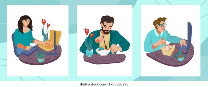 Set of eating and working people cartoon characters. Lunch break or dinner time in office or at home. Healthy and unhealthy food and dieting. Flat vector illustration isolated.