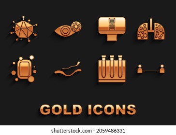 Fijar la enfermedad del virus del ébola, células del virus en el pulmón, Distancia segura, Prueba de sangre y, Barra de jabón, computadora de espiral de ADN y ojo Reddish debido a un icono. Vector