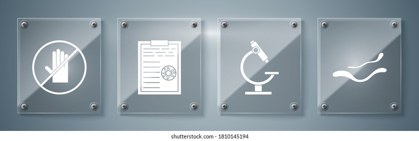 Fijar la enfermedad del virus Ébola, el microscopio, el portapapeles con los resultados de los análisis de sangre y Sin apretón de manos. Paneles de vidrio cuadrado. Vector