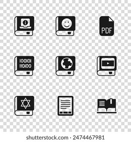 Set E-Book reader, about cinema, Open book, Earth globe and, PDF file document, User manual,  and Books programming icon. Vector