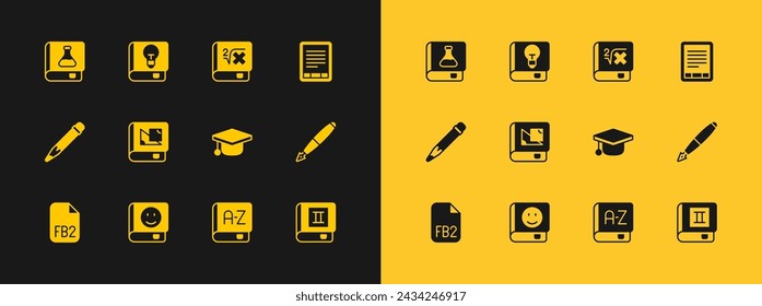 Set E-Book reader, Graduation cap, Translator book, about geometry, with mathematics, Chemistry and User manual icon. Vector