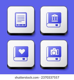 Set E-Book reader, Law book, Romance and Photo album gallery icon. White square button. Vector