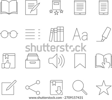 Set of ebook reader line icons with editable strokes. Perfect for illustrating digital reading, libraries, and technology concepts.