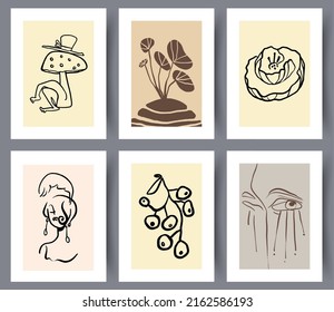 Set of eccentric modern artworks for print for interior design. Collection of printable abstract art wall decorations. Simple creative artwork bundle. Vector illustration. 