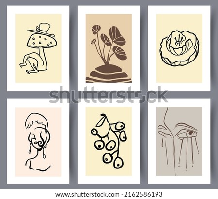 Set of eccentric modern artworks for print for interior design. Collection of printable abstract art wall decorations. Simple creative artwork bundle. Vector illustration. 