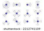 Set echo sonar waves. Blue radar symbols on sea and ultrasonic signal reflection. Collection icon detect and scan vibration or water. Round pulsating circle wave system vector illustration concept