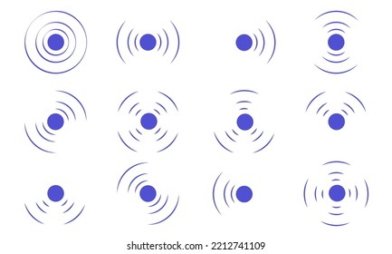 Set echo sonar waves. Blue radar symbols on sea and ultrasonic signal reflection. Collection icon detect and scan vibration or water. Round pulsating circle wave system vector illustration concept