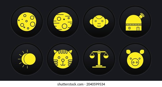 Set Eclipse of the sun, Astronomical observatory, Tiger zodiac, Libra, Monkey, Planet Mars, Pig and Moon icon. Vector