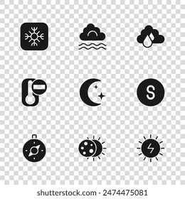 Set Eclipse of the sun, Compass south, Solar energy panel, Moon and stars, Cloud with rain, Snowflake, Fog cloud and Thermometer icon. Vector