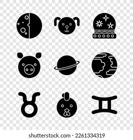 Set Eclipse of the sun, Dog zodiac, Magic ball, Taurus, Rooster, Gemini, Pig and Planet Saturn icon. Vector