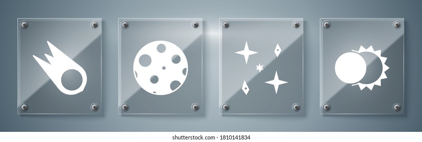 Set Eclipse of the sun, Falling stars, Moon and Comet falling down fast. Square glass panels. Vector