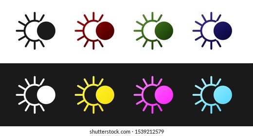Set Eclipse of the sun icon isolated on black and white background. Total sonar eclipse.  Vector Illustration
