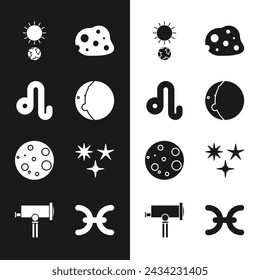 Set Sonnenfinsternis, Leo Tierkreis, Sonnenwende, Asteroid, Mond, Fallstern, Fische und Teleskop-Symbol. Vektor