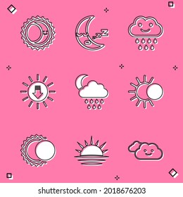 Set Eclipse of the sun, Moon icon, Cloud with rain, Sunset, and moon,  and  icon. Vector