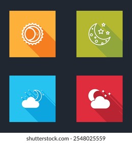 Definir Eclipse do Sol, Lua e estrelas, Nuvem com lua e ícone. Vetor