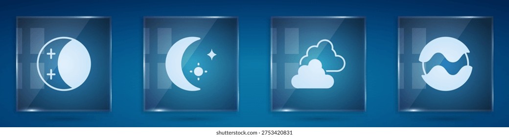 Set Eclipse of the sun, Moon and stars, Cloudy weather and Planet. Square glass panels. Vector