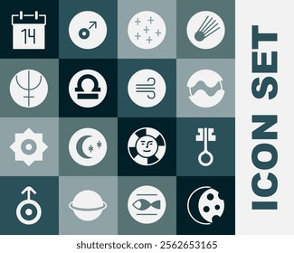 Set Eclipse of the sun, Old magic key, Planet, Full moon, Libra zodiac, Neptune planet, Calendar and Windy weather icon. Vector