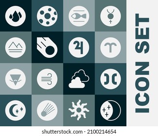 Set Eclipse of the sun, Pisces zodiac, Aries, Comet, Earth element, Water drop and Symbol Jupiter icon. Vector