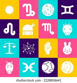Set Eclipse of the sun, Rabbit zodiac, Ox, Moon, Astronomical observatory, Leo, Sun and Scorpio icon. Vector